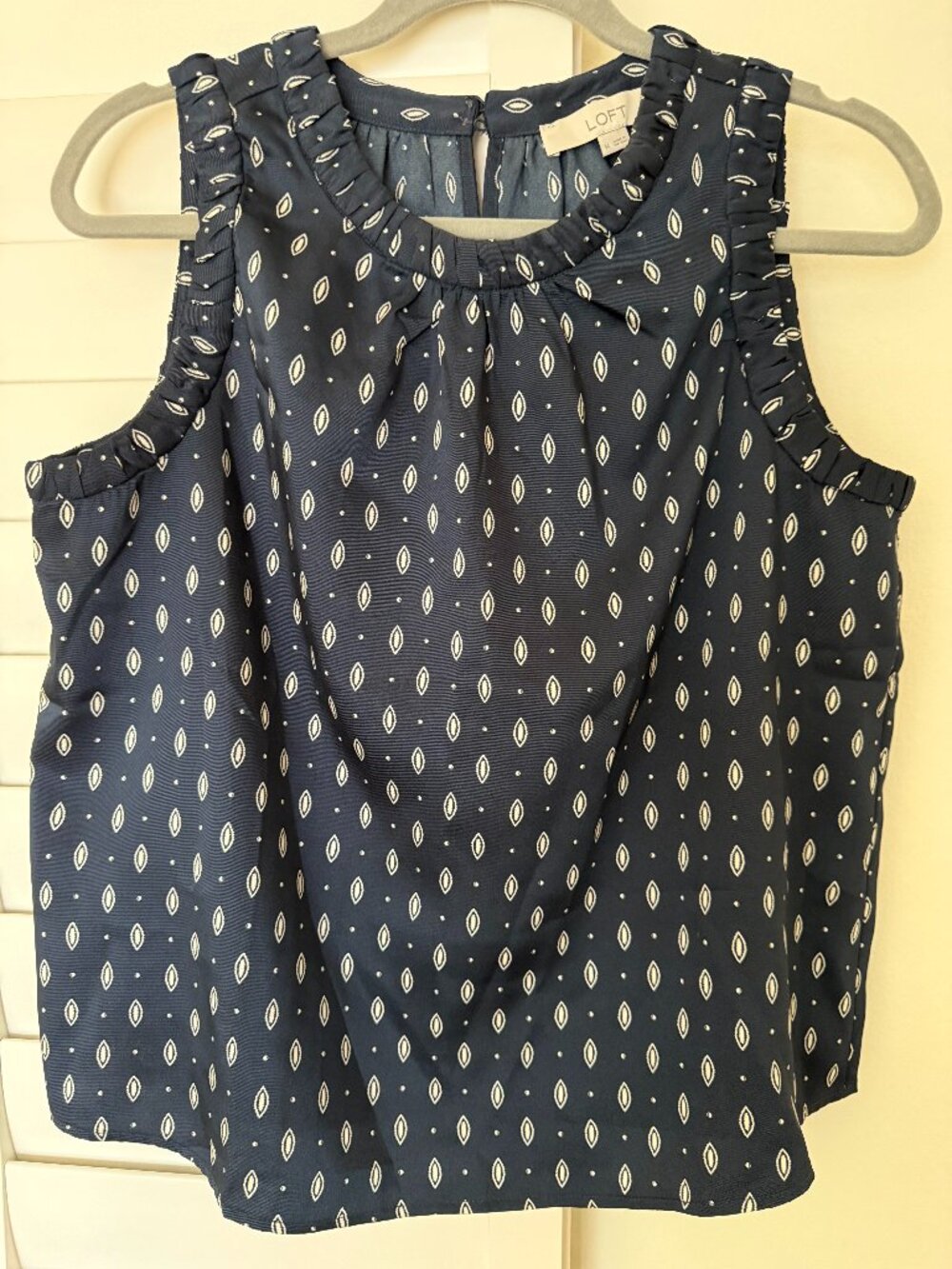 LOFT Navy Blue Geometric Diamond Print Ruffle Neck Sleeveless Blouse